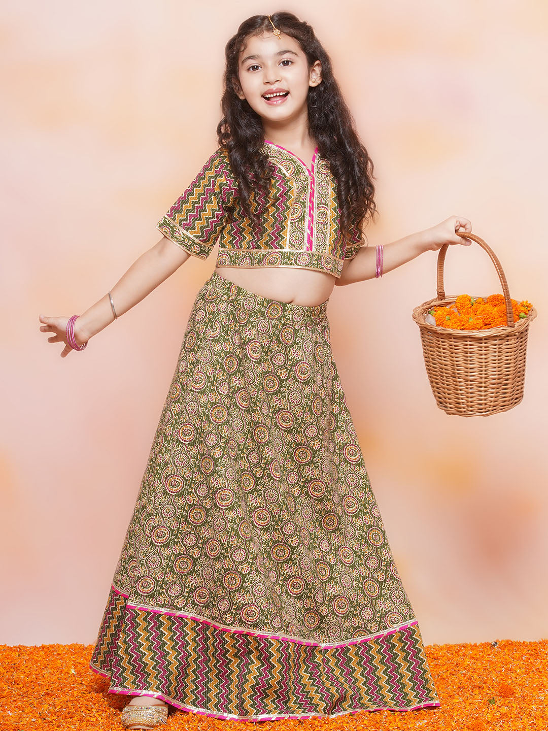 Kids Girls Green Striped Cotton Lehenga Choli - AJ Dezines