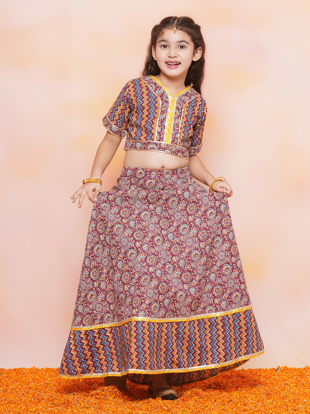 Kids Girls Maroon Zig Zag Cotton Lehenga Choli - AJ Dezines
