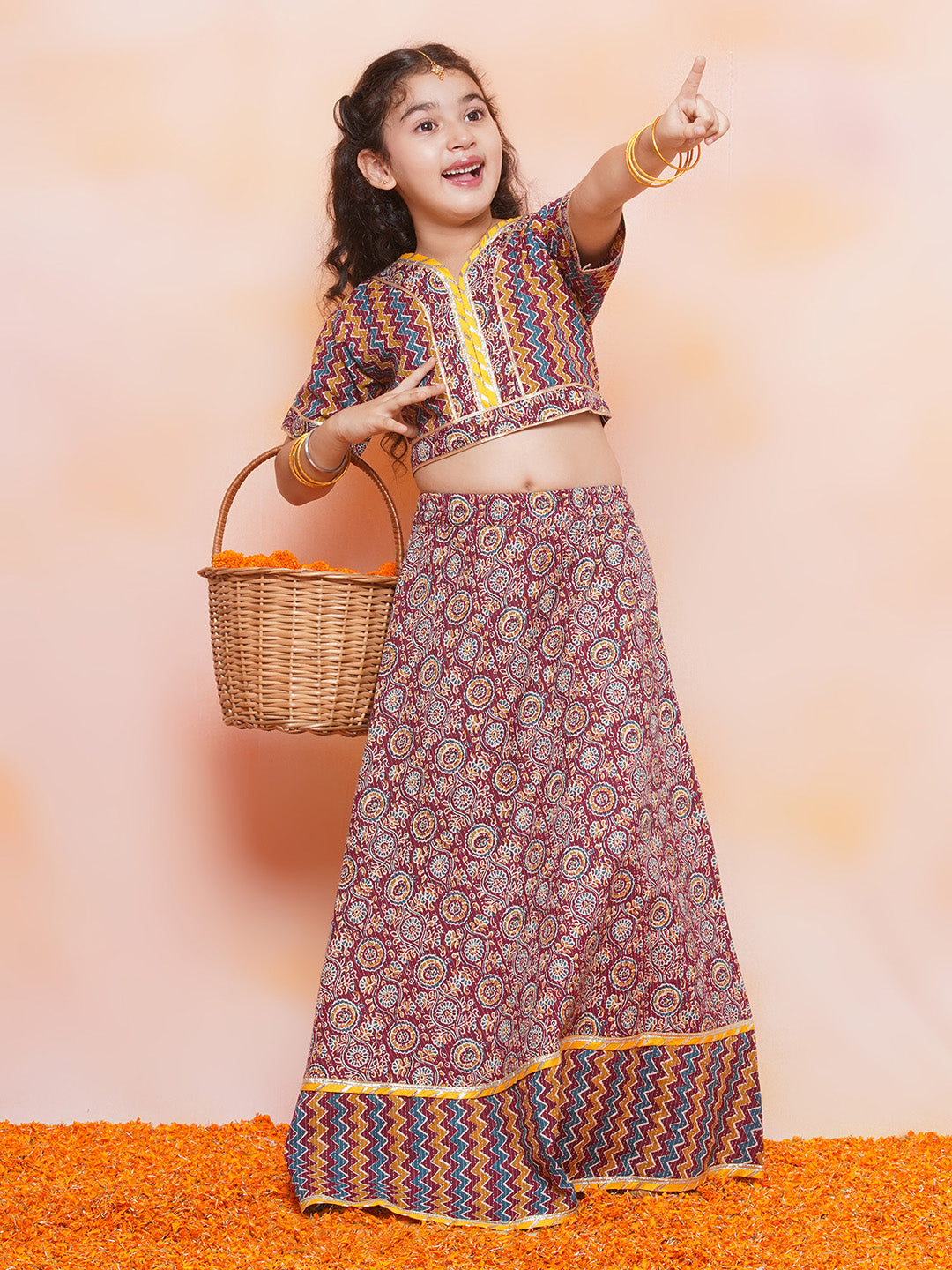 Kids Girls Maroon Zig Zag Cotton Lehenga Choli - AJ Dezines
