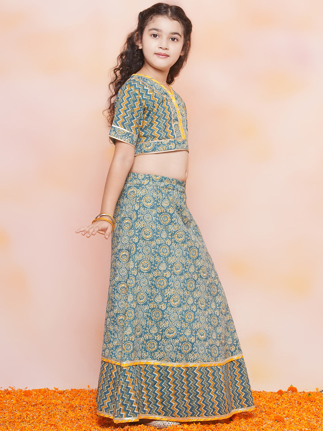Kids Girls TEAL-Blue Zig Zag Cotton Lehenga Choli - AJ Dezines