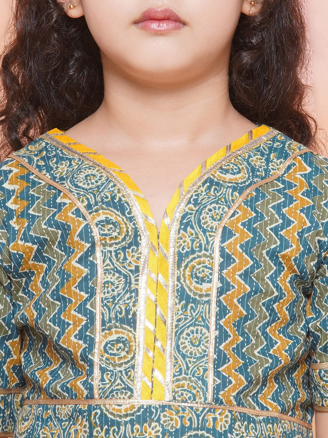 Kids Girls TEAL-Blue Zig Zag Cotton Lehenga Choli - AJ Dezines