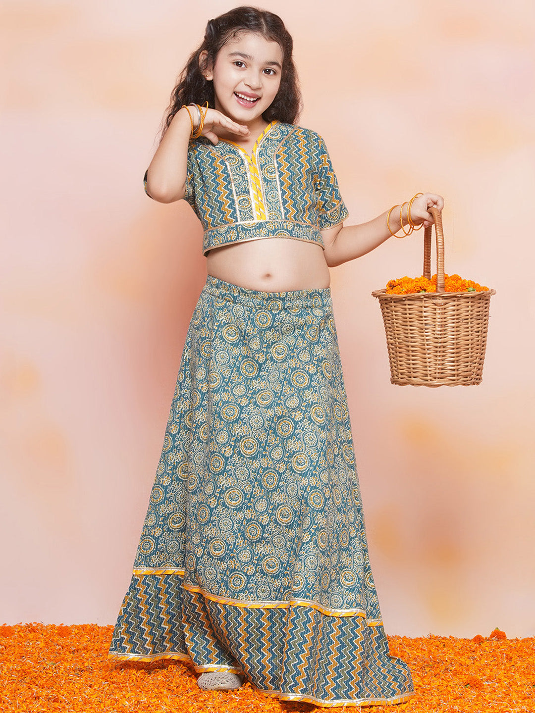 Kids Girls TEAL-Blue Zig Zag Cotton Lehenga Choli - AJ Dezines