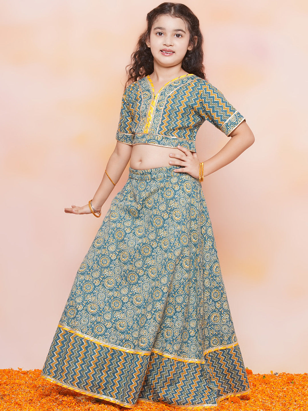 Kids Girls TEAL-Blue Zig Zag Cotton Lehenga Choli - AJ Dezines