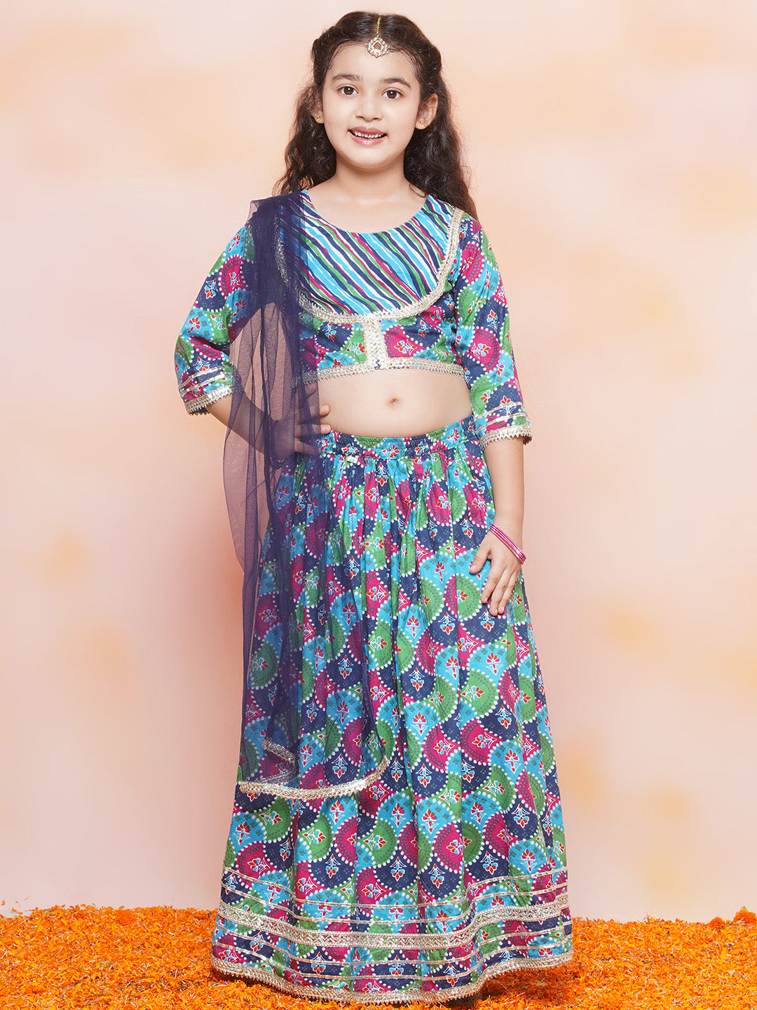 Kids Girls Blue Printed Cotton Lehenga Choli - AJ Dezines