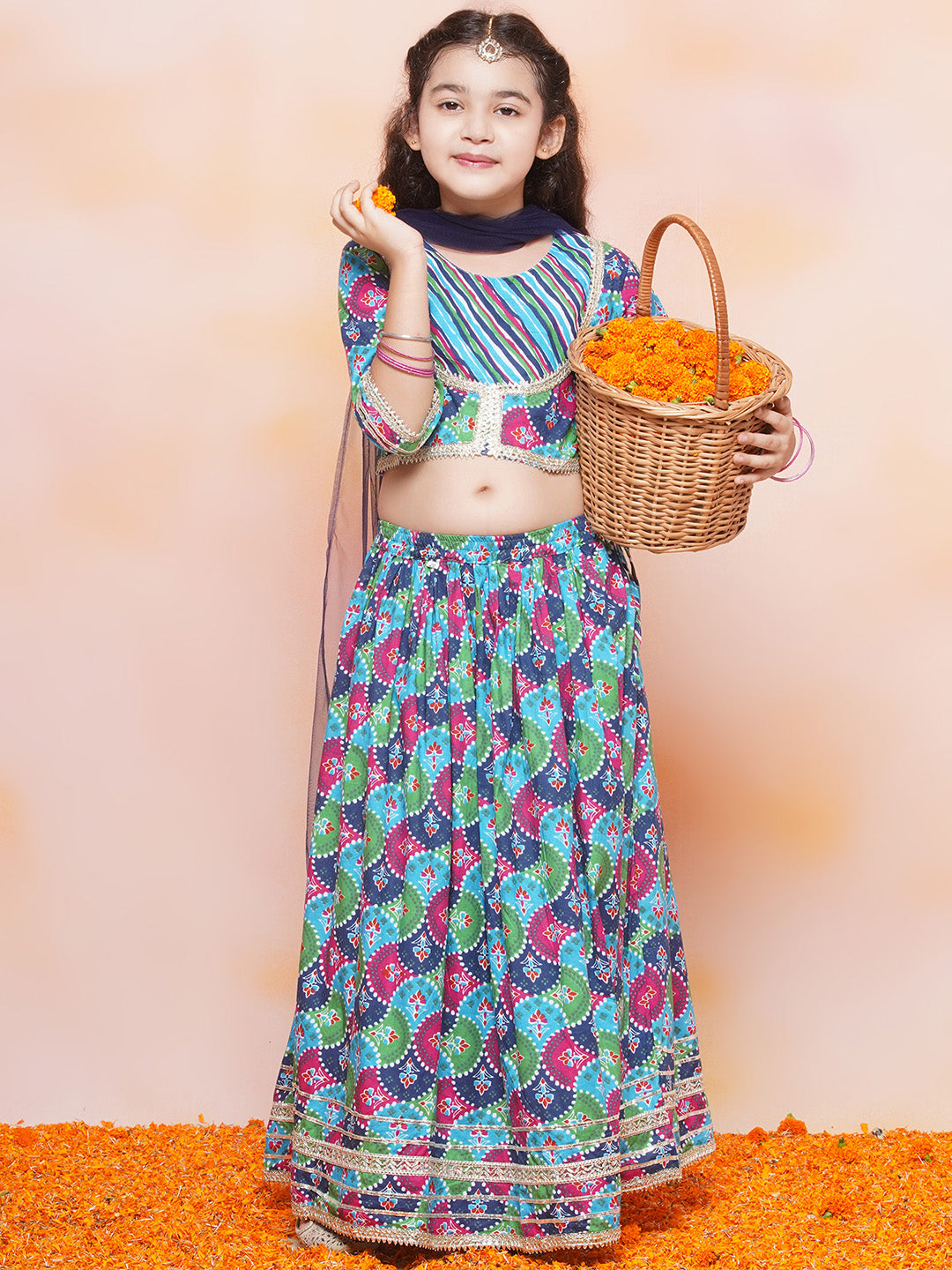 Kids Girls Blue Printed Cotton Lehenga Choli - AJ Dezines