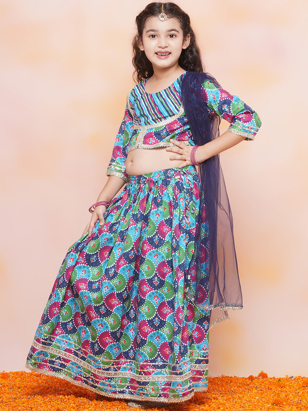 Kids Girls Blue Printed Cotton Lehenga Choli - AJ Dezines