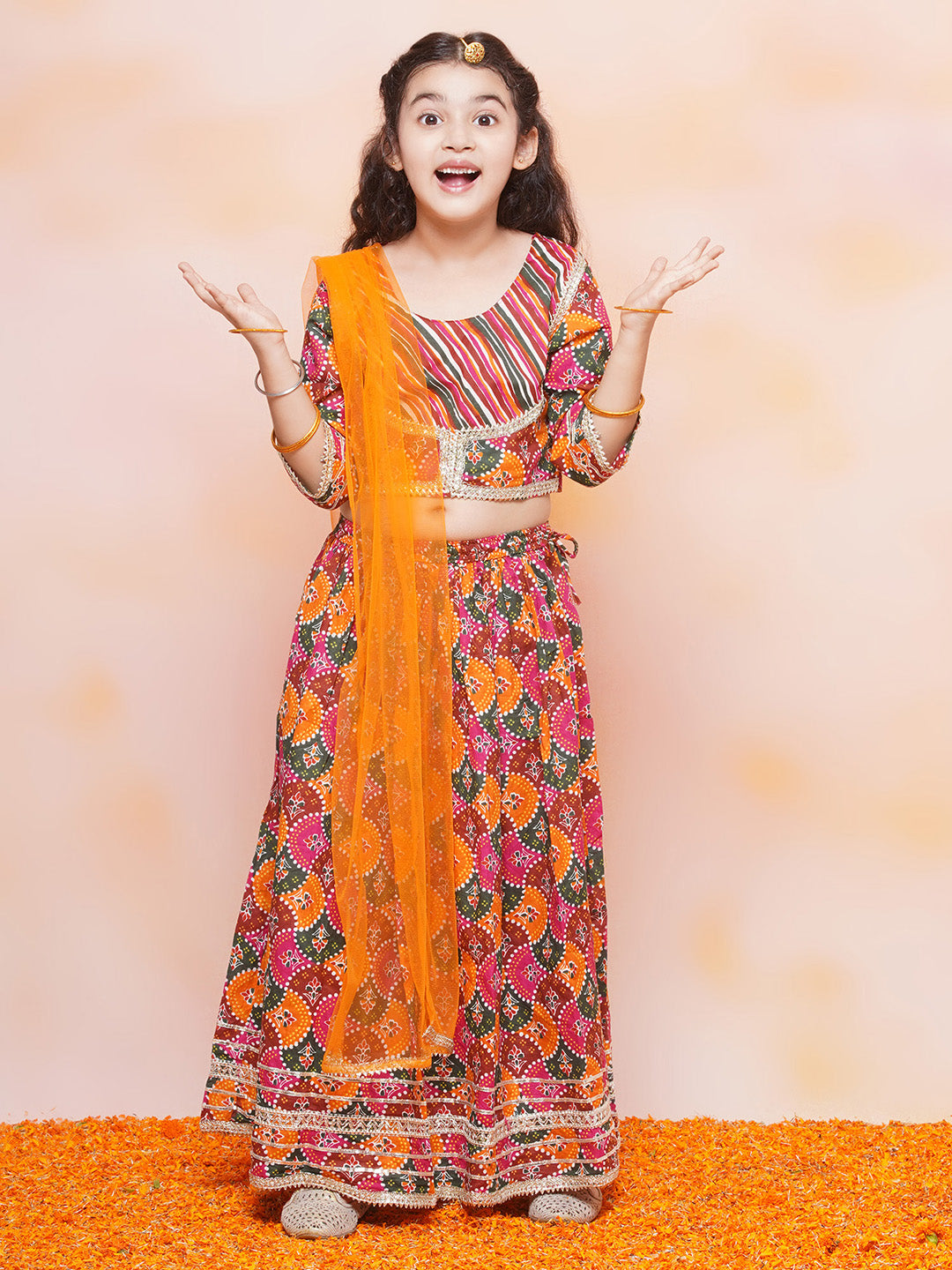 Kids Girls Orange Printed Cotton Lehenga Choli - AJ Dezines