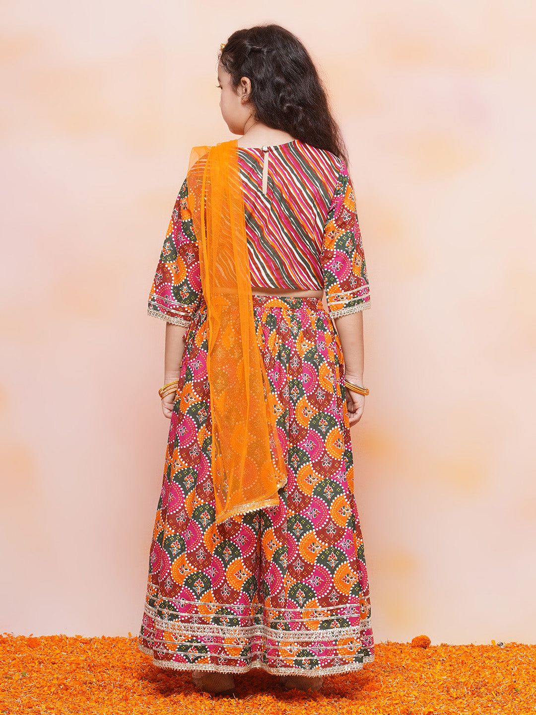 Kids Girls Orange Printed Cotton Lehenga Choli - AJ Dezines