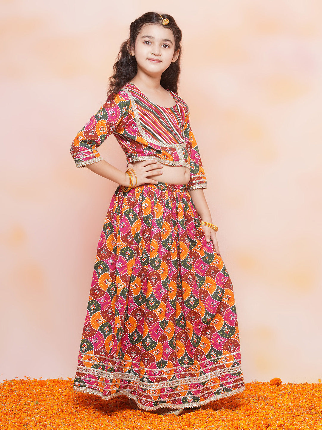 Kids Girls Orange Printed Cotton Lehenga Choli - AJ Dezines