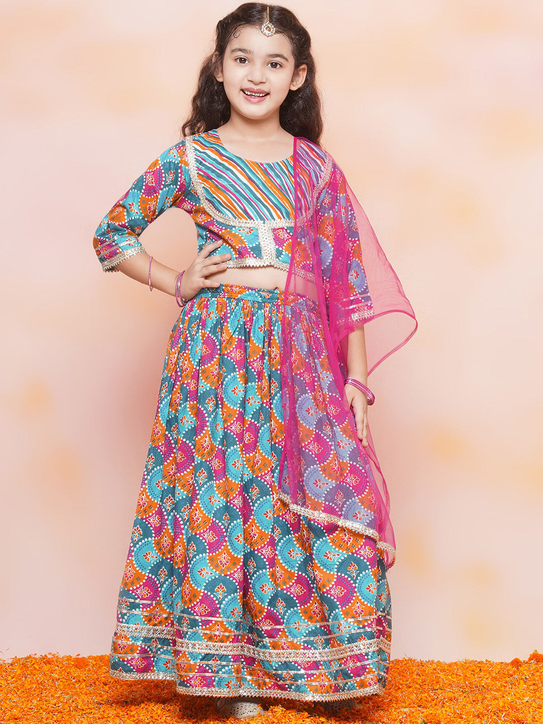 Festive Bloom Pink Girls Cotton Lehenga Choli Set - AJ Dezines