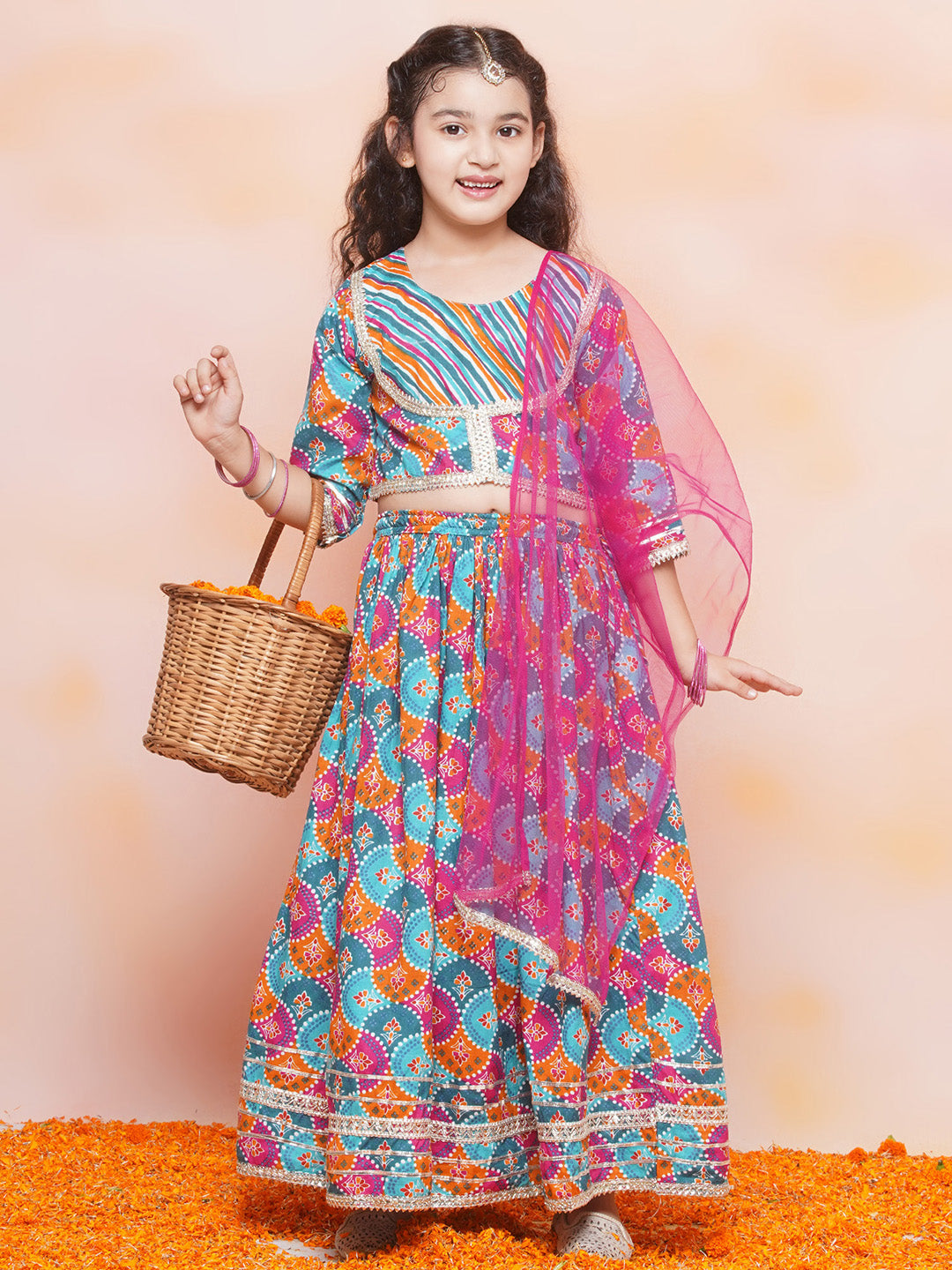 Festive Bloom Pink Girls Cotton Lehenga Choli Set - AJ Dezines