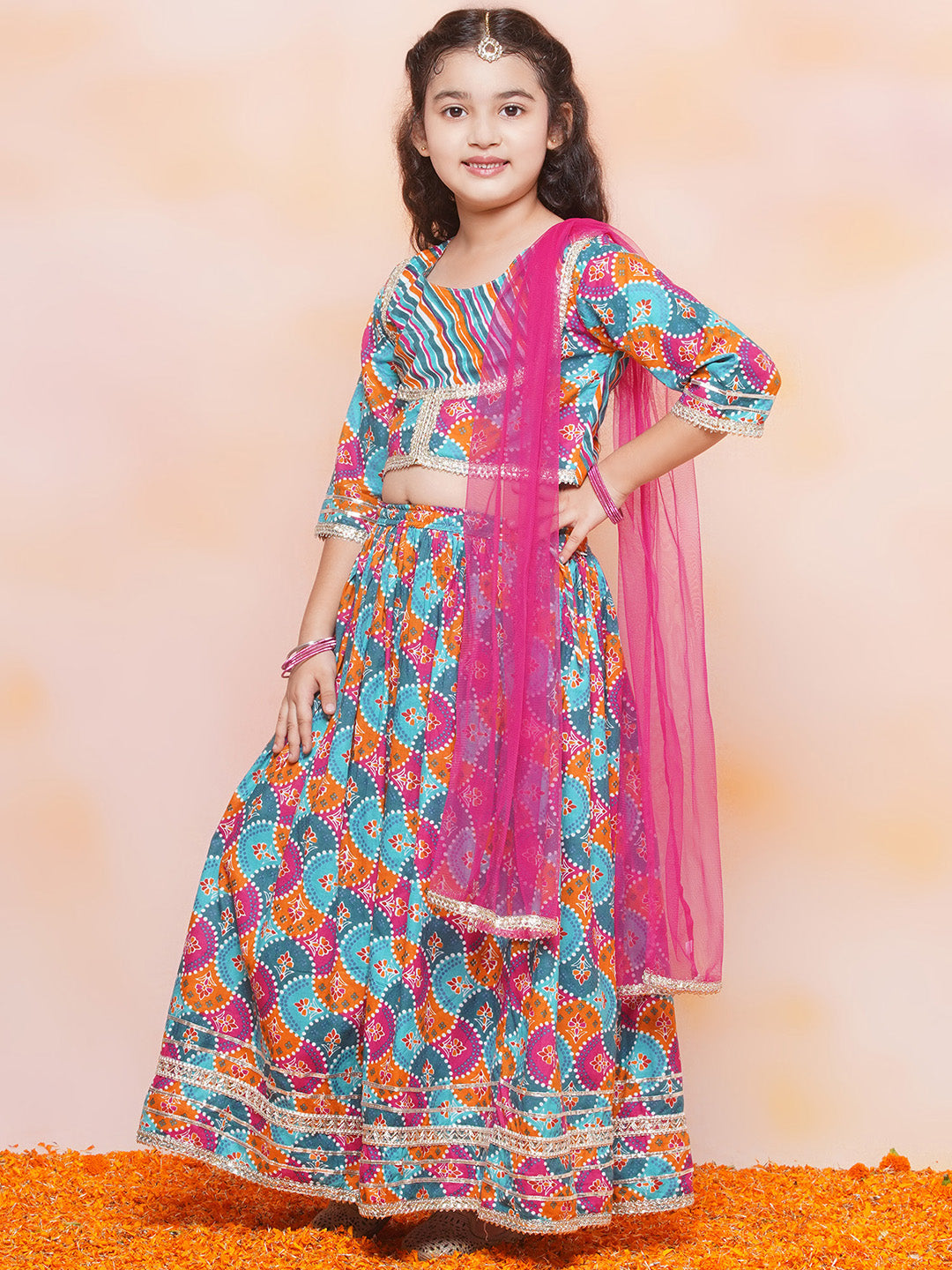 Festive Bloom Pink Girls Cotton Lehenga Choli Set - AJ Dezines