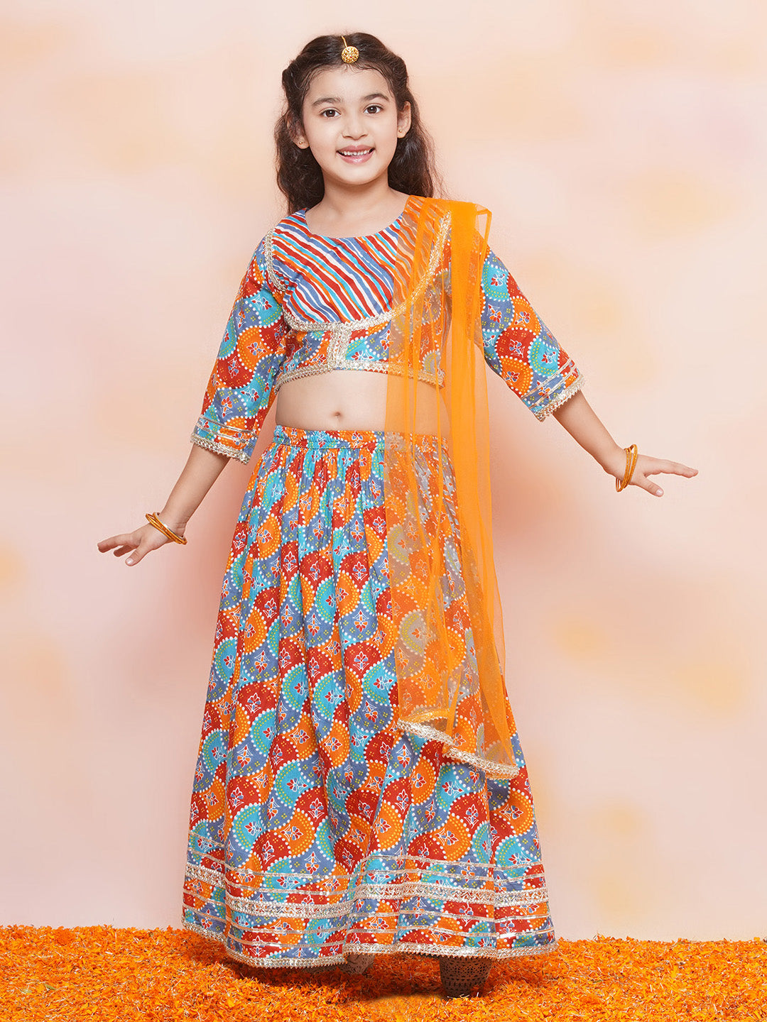 Festive Bloom Blue Girls Cotton Lehenga Choli Set - AJ Dezines