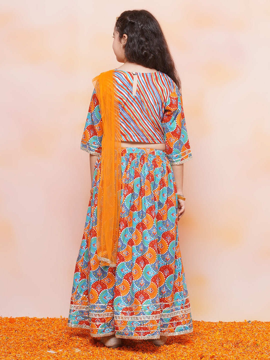 Festive Bloom Blue Girls Cotton Lehenga Choli Set - AJ Dezines