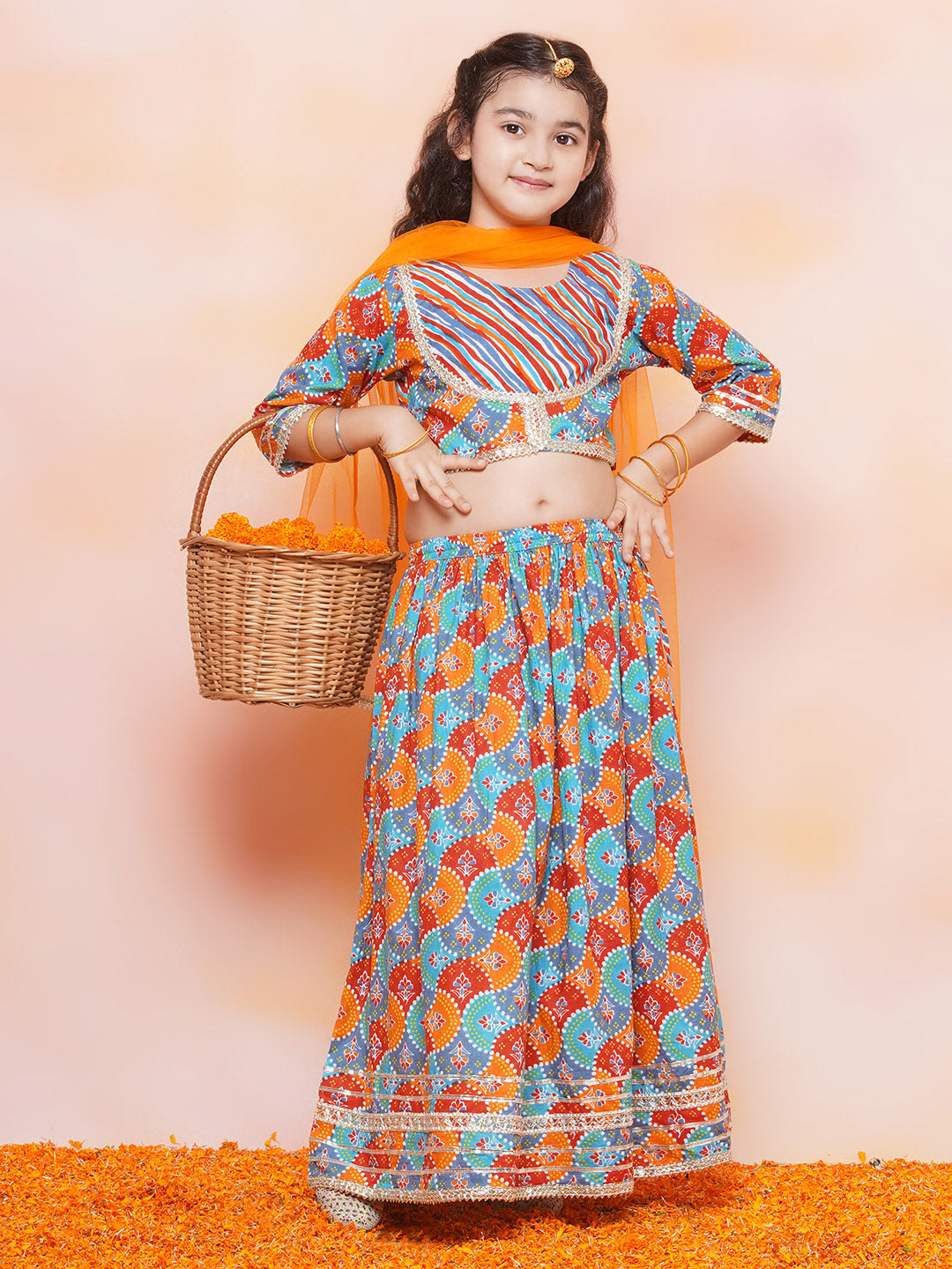 Festive Bloom Blue Girls Cotton Lehenga Choli Set - AJ Dezines