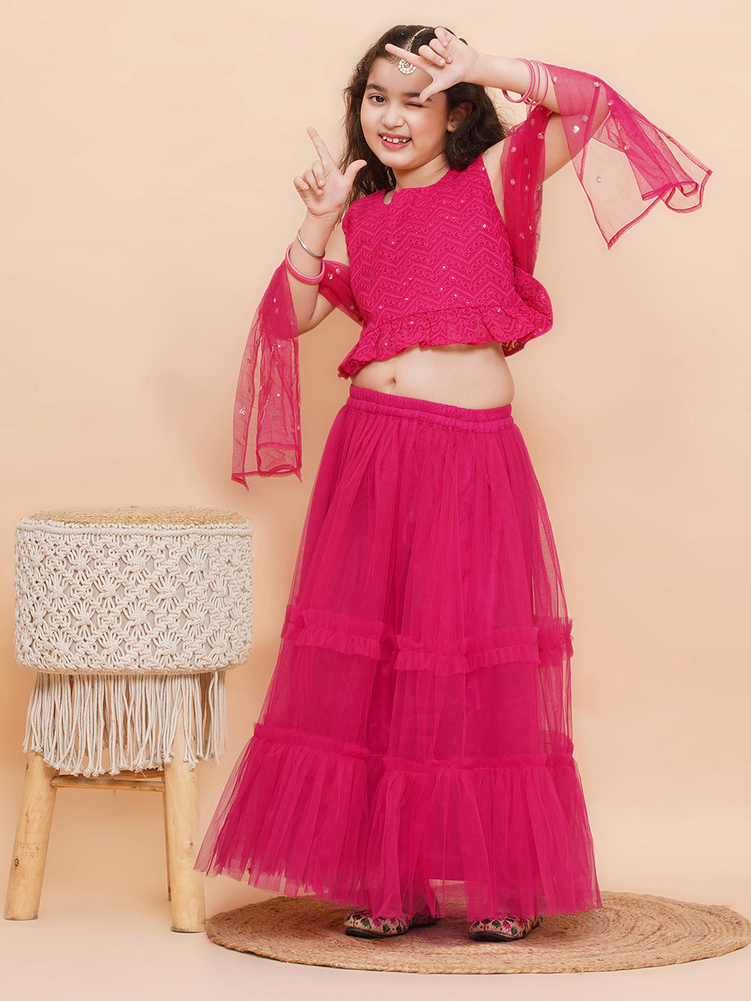 DARK PINK Net Sequenced Sleeveless Flared Lehenga Choli for Girls - AJ Dezines