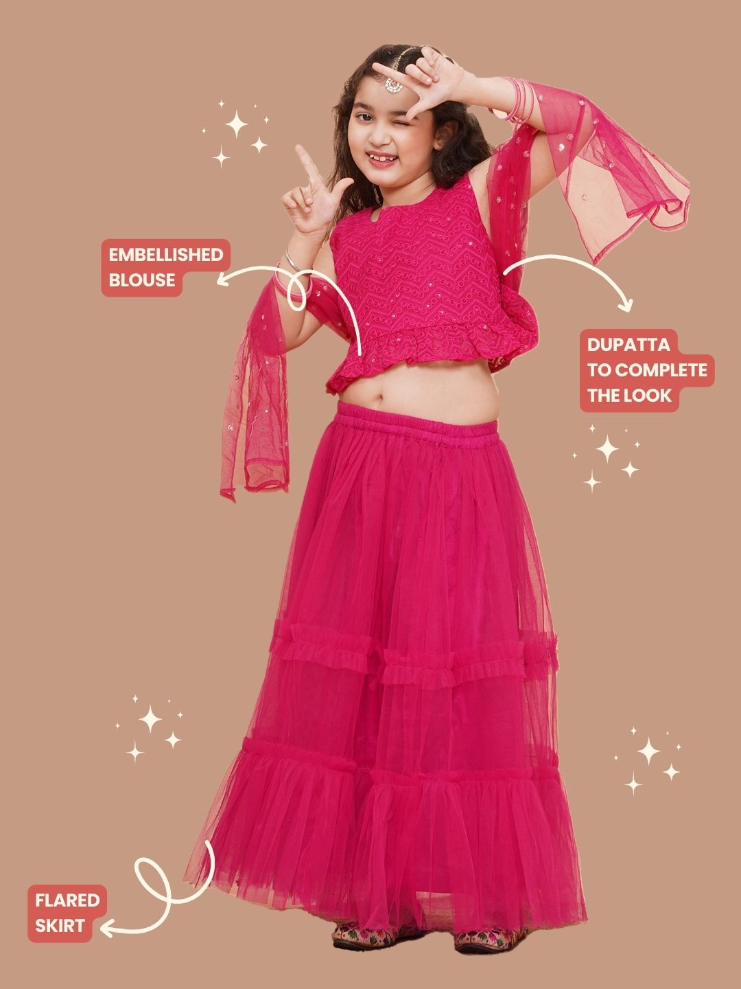 DARK PINK Net Sequenced Sleeveless Flared Lehenga Choli for Girls - AJ Dezines