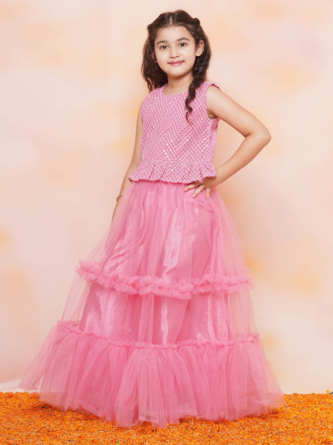 Kids Girls Pink Chikankari Georgette Lehenga Choli - AJ Dezines