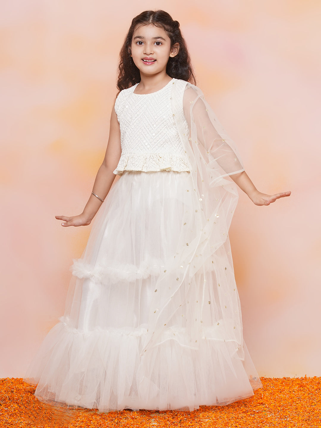 Kids Girls White Chikankari Georgette Lehenga Choli - AJ Dezines