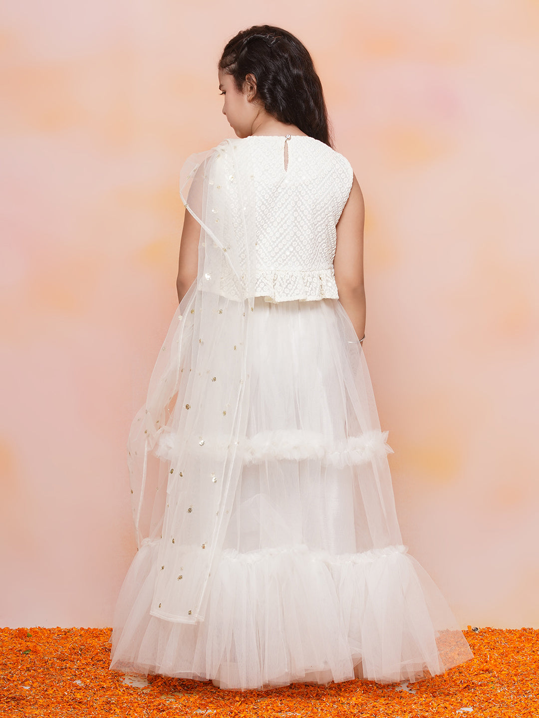 Kids Girls White Chikankari Georgette Lehenga Choli - AJ Dezines