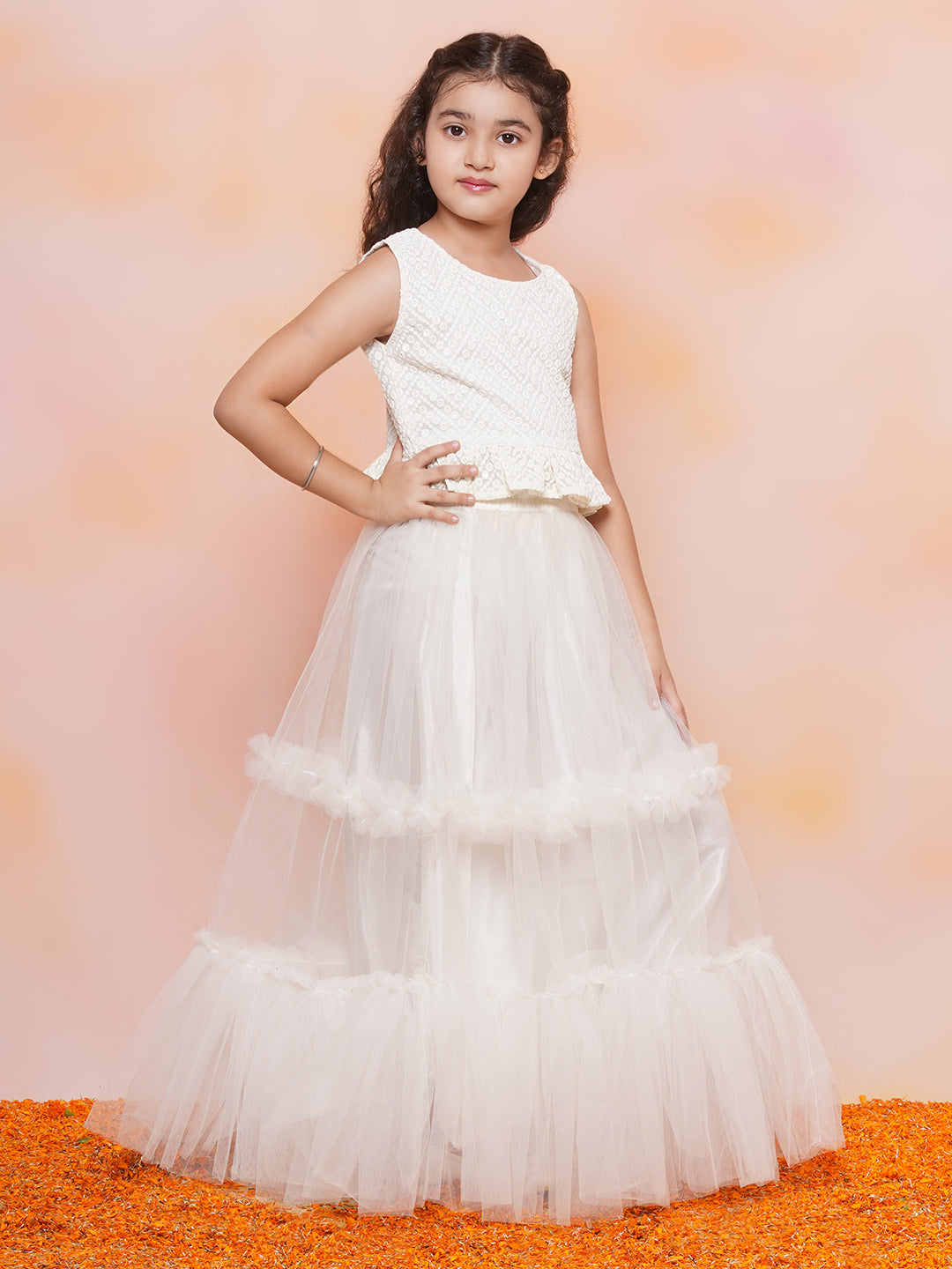 Kids Girls White Chikankari Georgette Lehenga Choli - AJ Dezines