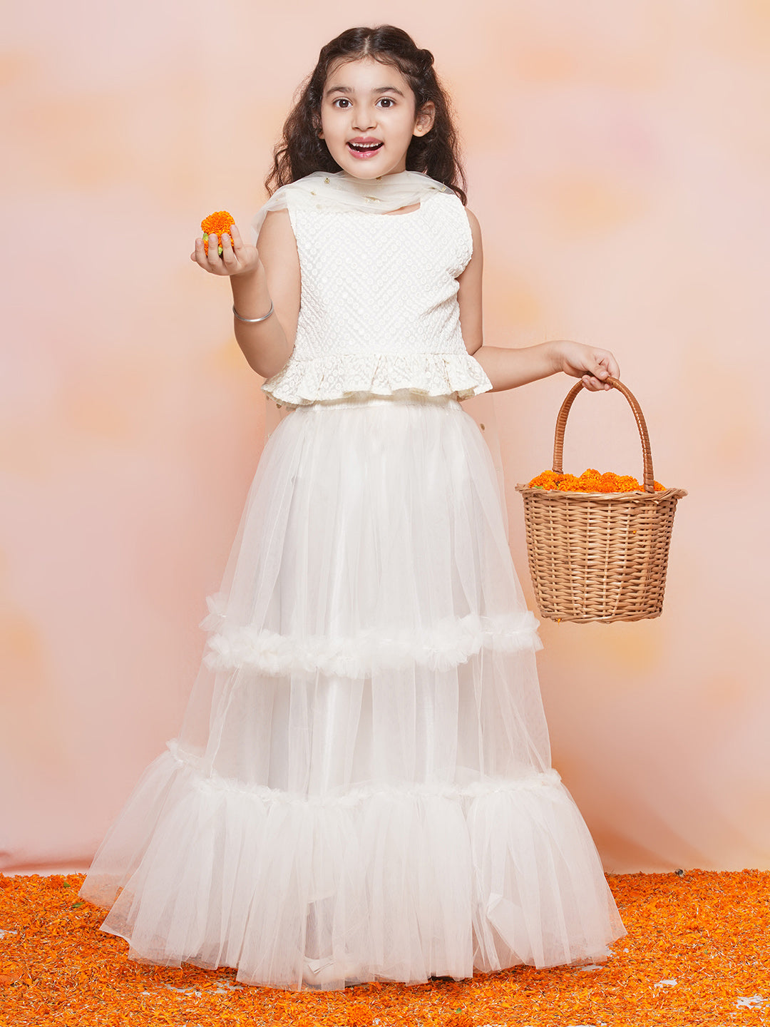 Kids Girls White Chikankari Georgette Lehenga Choli - AJ Dezines