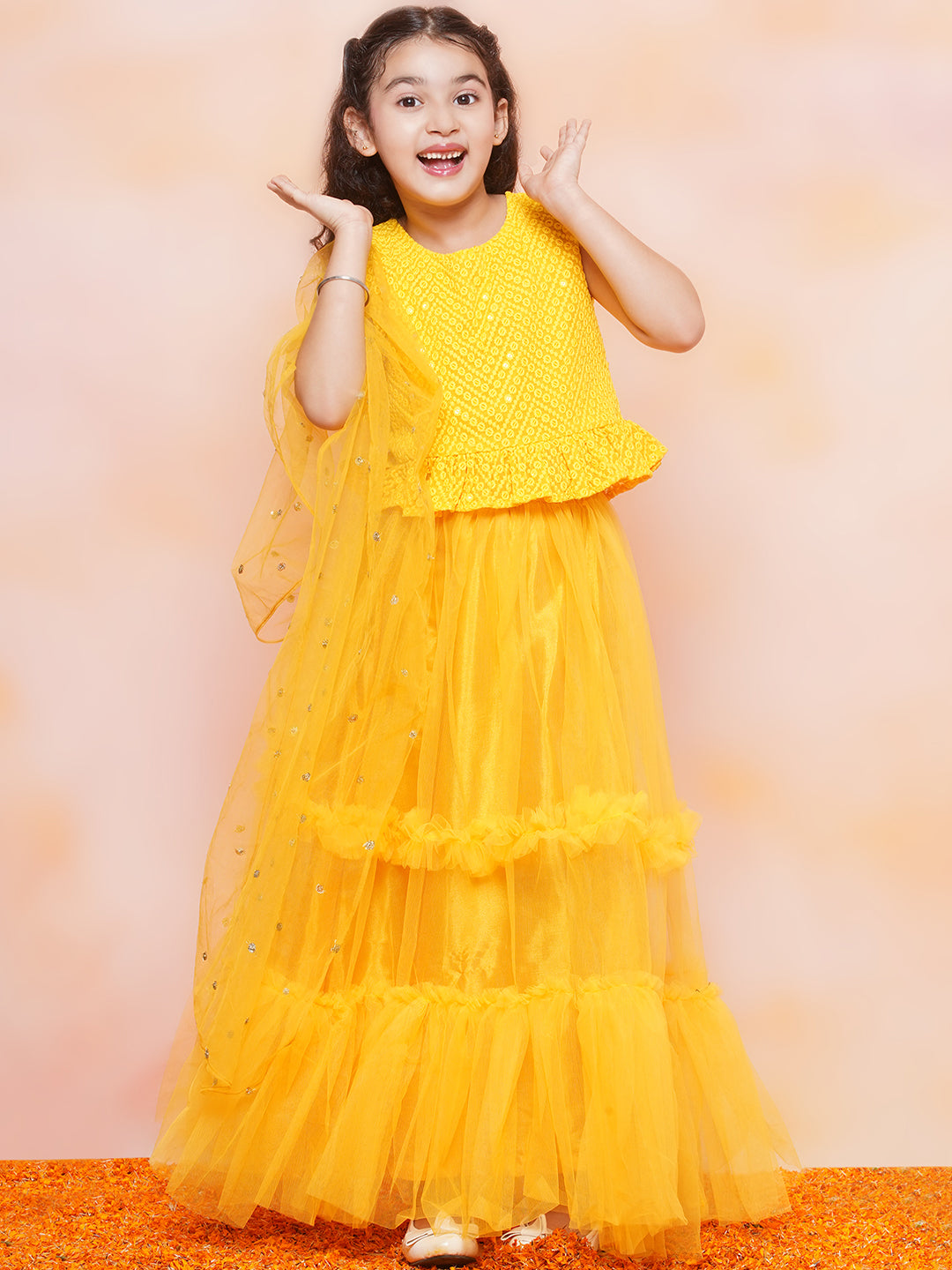 Kids Girls Yellow Chikankari Georgette Lehenga Choli - AJ Dezines