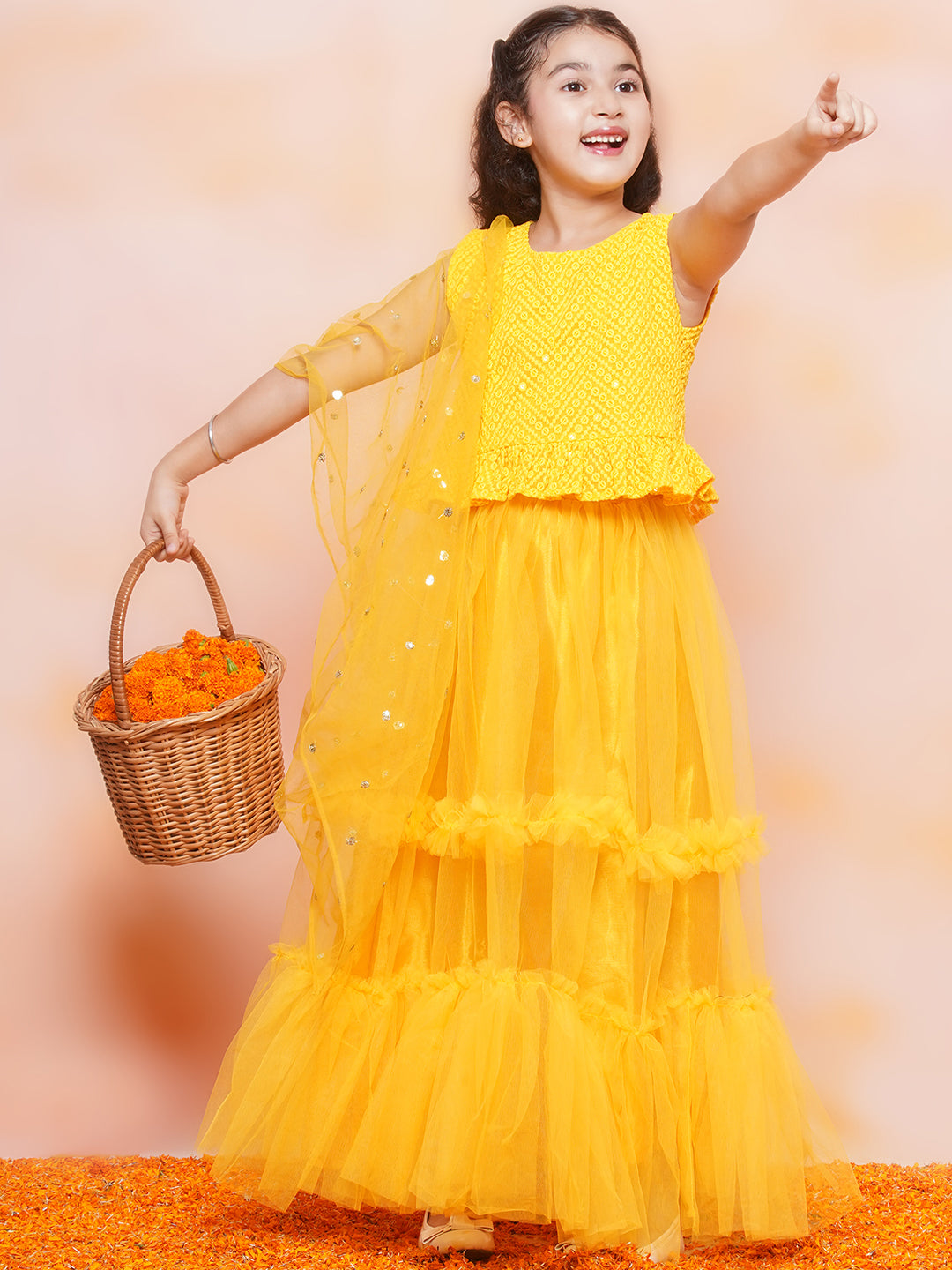 Kids Girls Yellow Chikankari Georgette Lehenga Choli - AJ Dezines