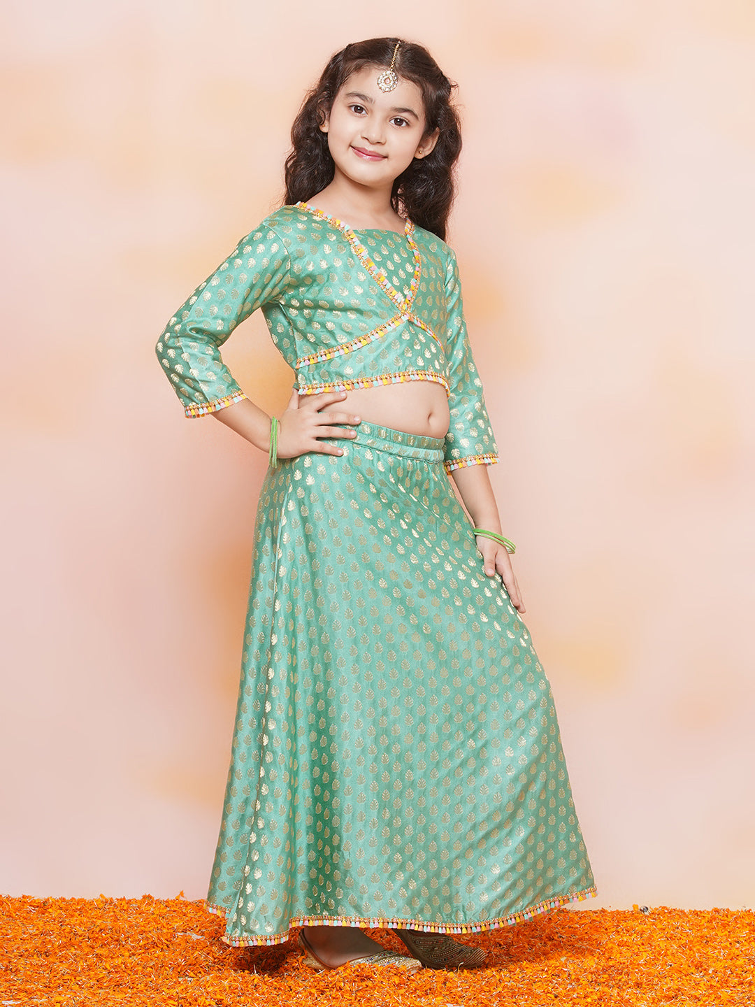 Kids Girls C-Green Brasso Jacquard/Brocade Lehenga Choli - AJ Dezines