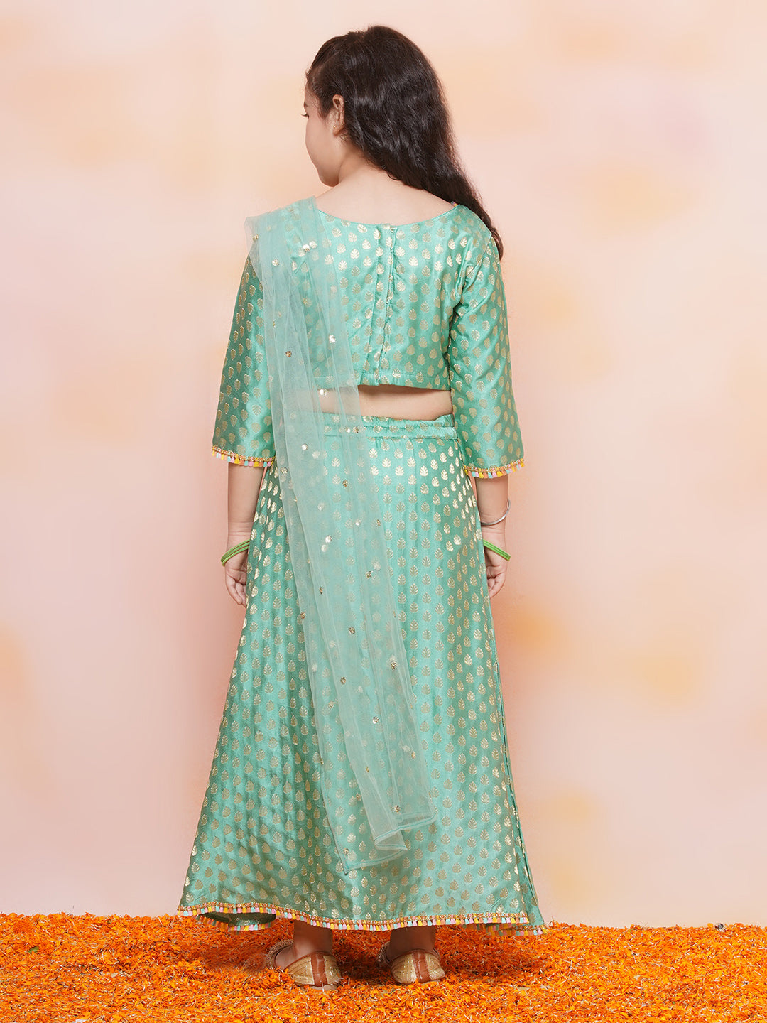 Kids Girls C-Green Brasso Jacquard/Brocade Lehenga Choli - AJ Dezines