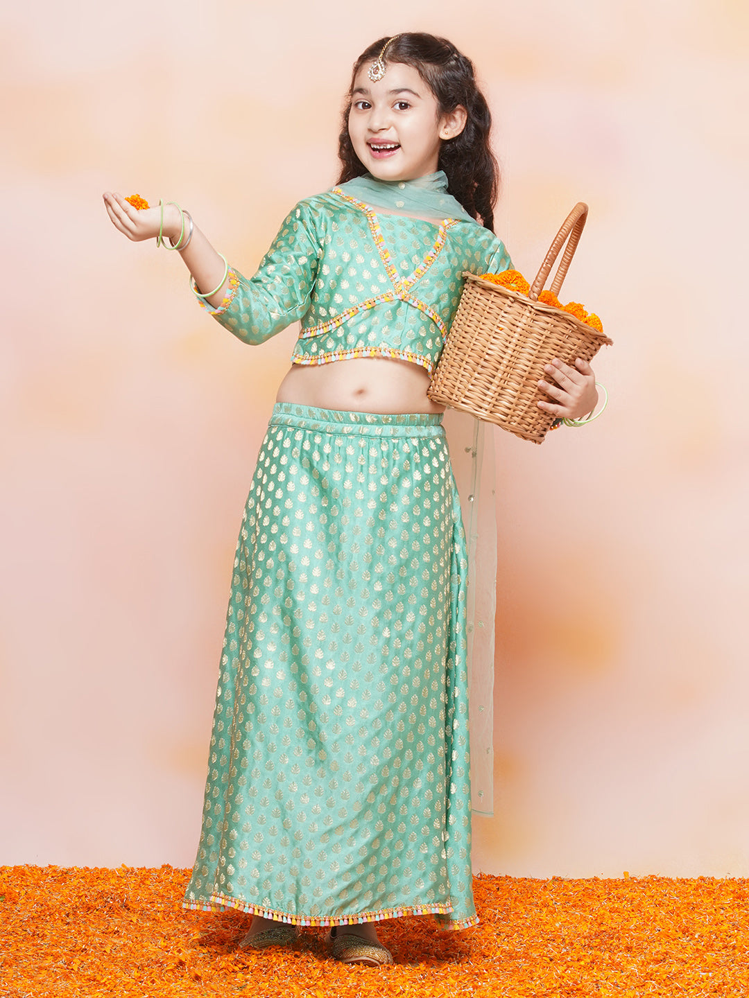 Kids Girls C-Green Brasso Jacquard/Brocade Lehenga Choli - AJ Dezines
