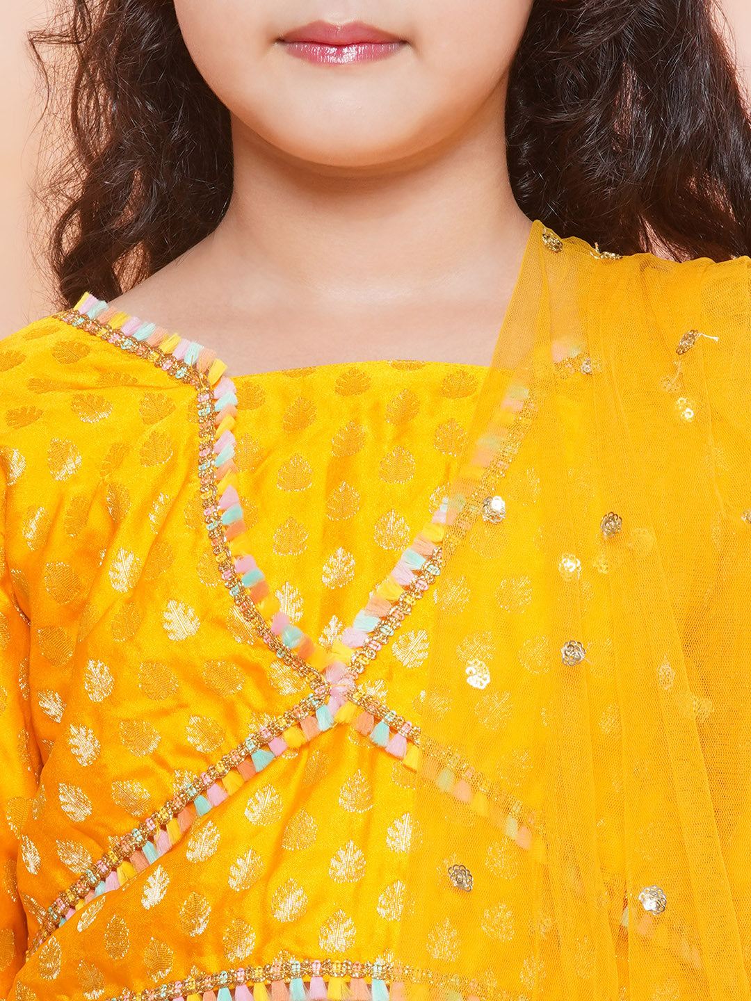 Kids Girls MUSTARD Brasso Jacquard/Brocade Lehenga Choli - AJ Dezines