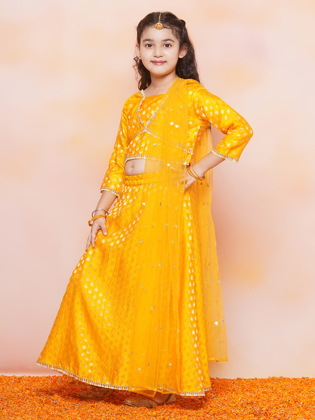 Kids Girls MUSTARD Brasso Jacquard/Brocade Lehenga Choli - AJ Dezines