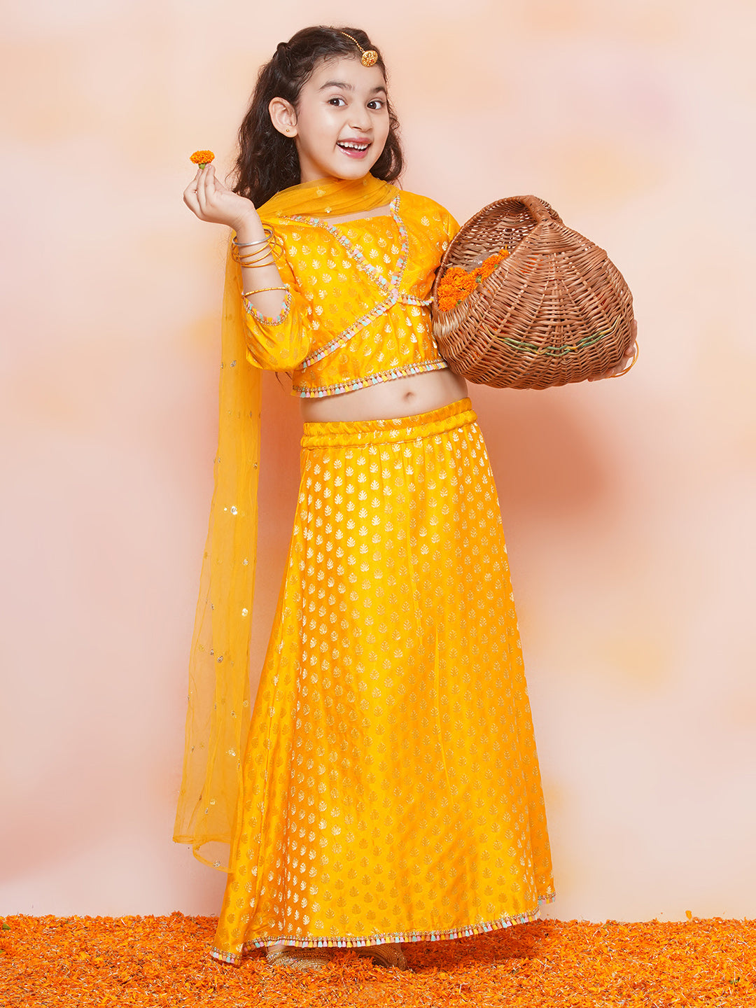 Kids Girls MUSTARD Brasso Jacquard/Brocade Lehenga Choli - AJ Dezines
