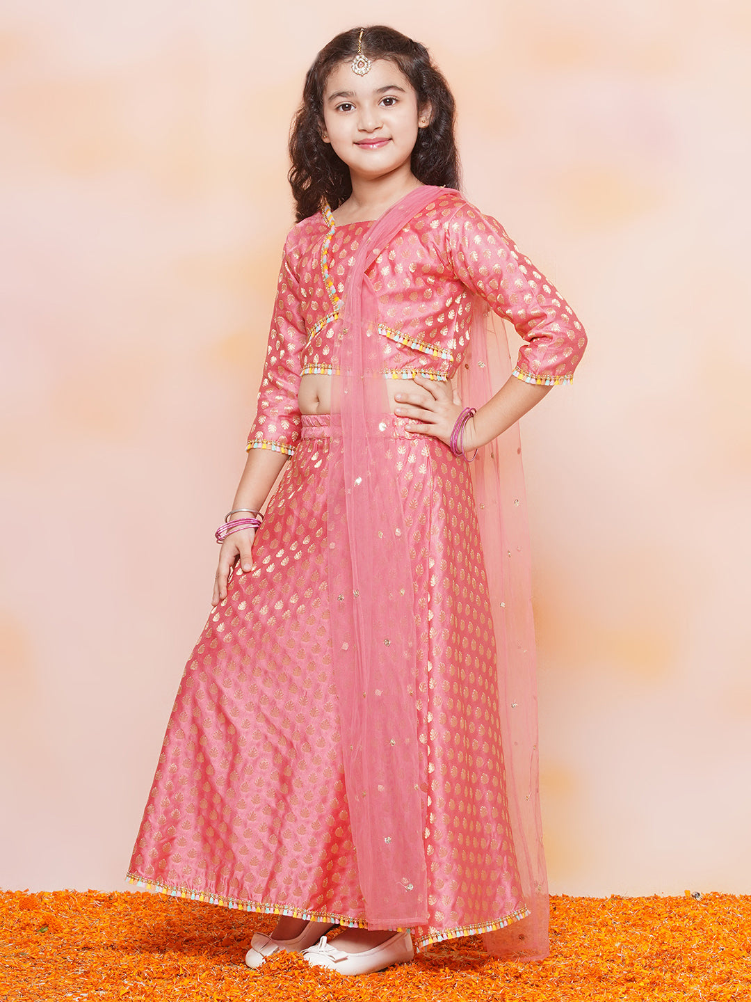 Kids Girls PINK Brasso Jacquard/Brocade Lehenga Choli - AJ Dezines