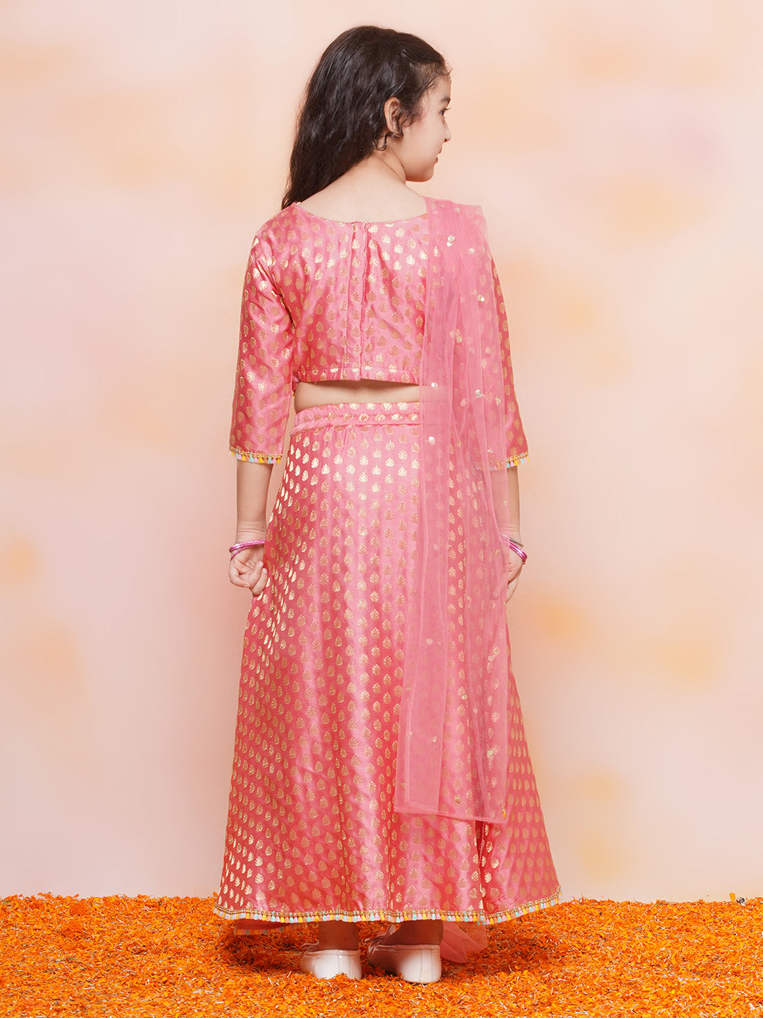 Kids Girls PINK Brasso Jacquard/Brocade Lehenga Choli - AJ Dezines