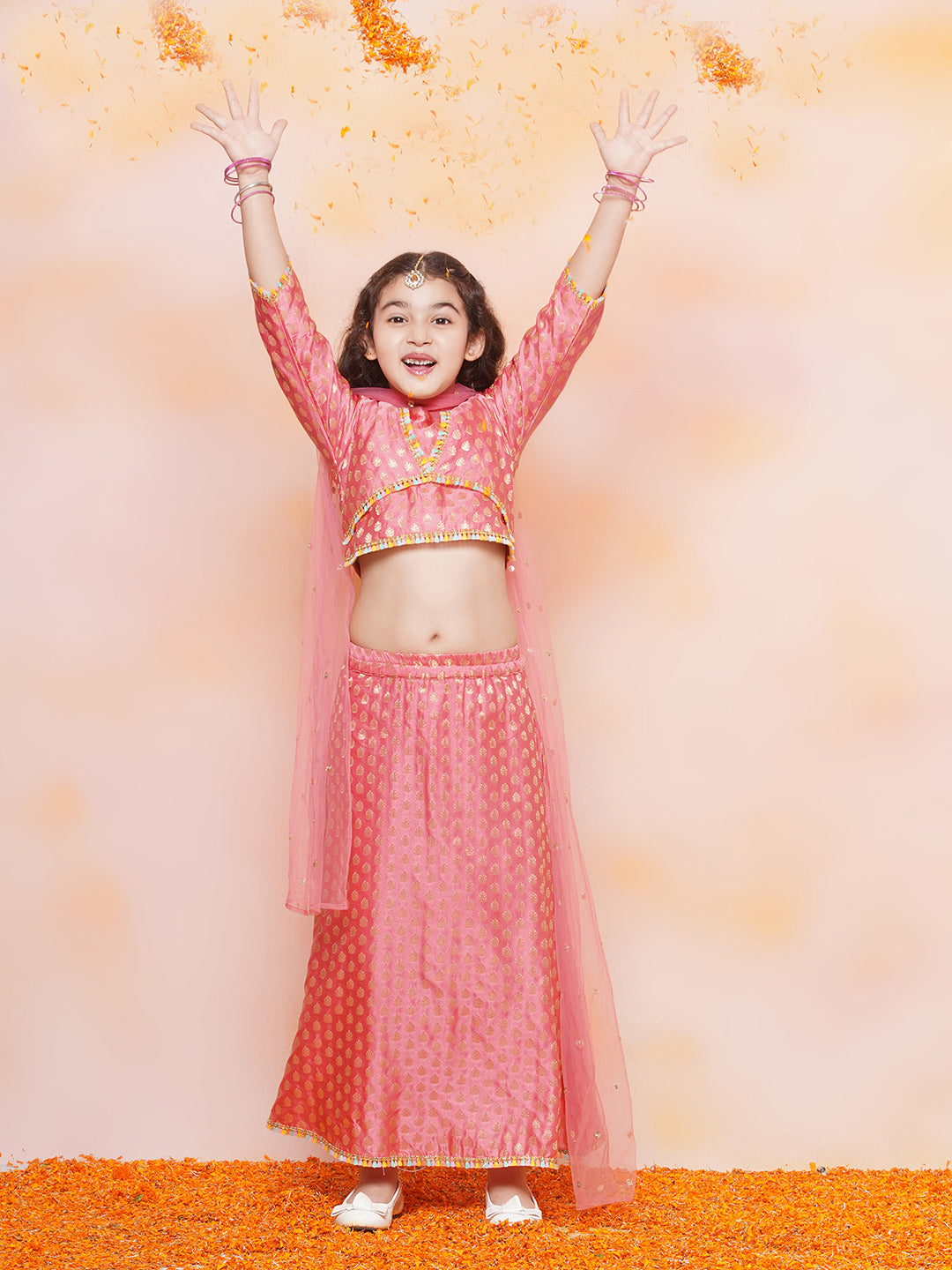 Kids Girls PINK Brasso Jacquard/Brocade Lehenga Choli - AJ Dezines