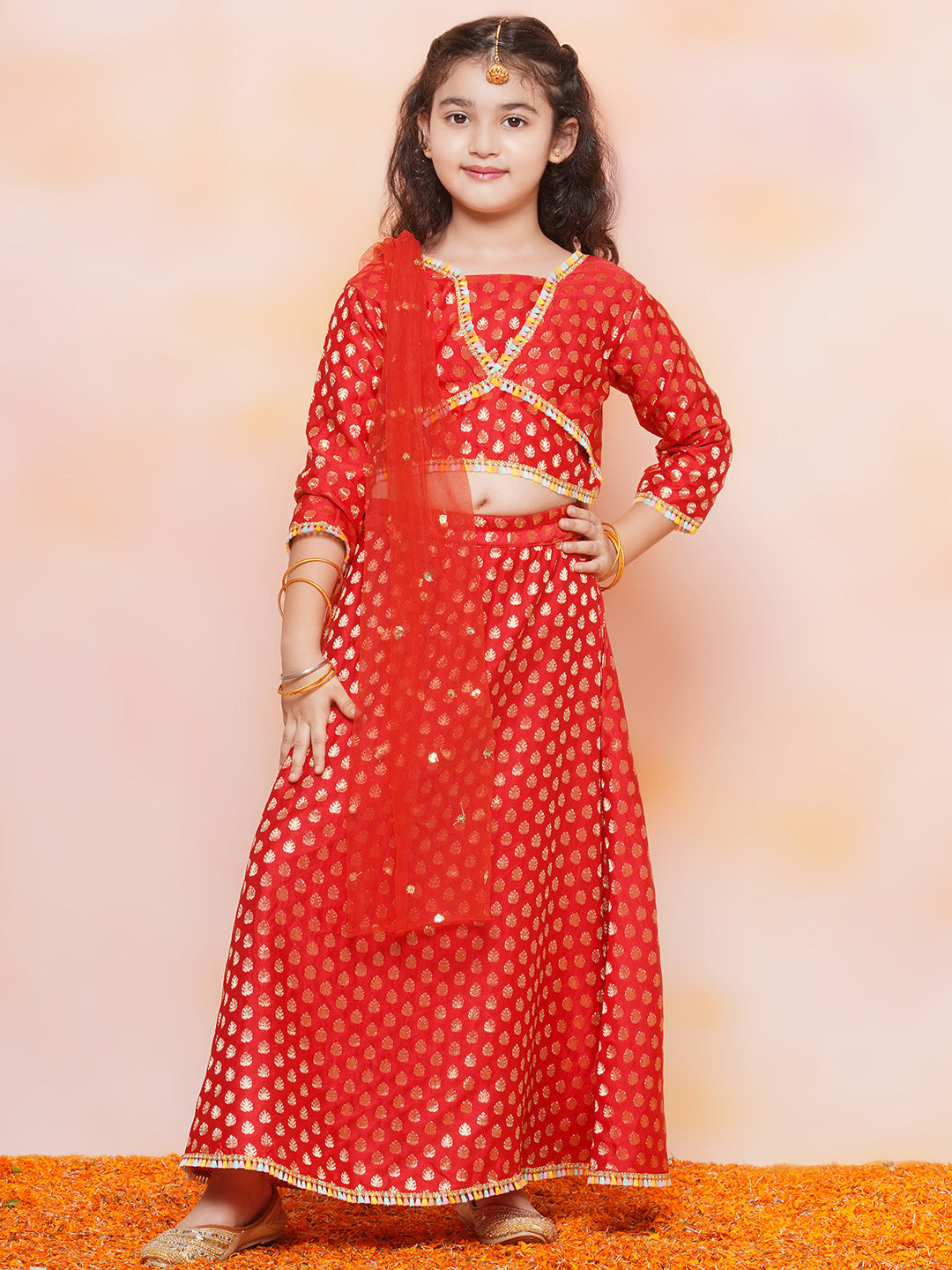 Kids Girls RED Brasso Jacquard/Brocade Lehenga Choli - AJ Dezines