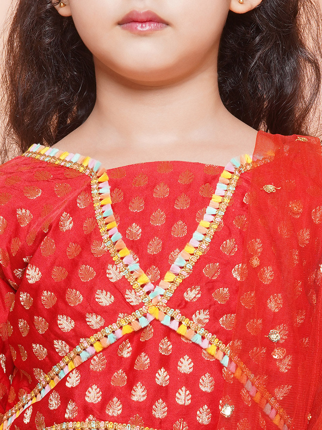 Kids Girls RED Brasso Jacquard/Brocade Lehenga Choli - AJ Dezines