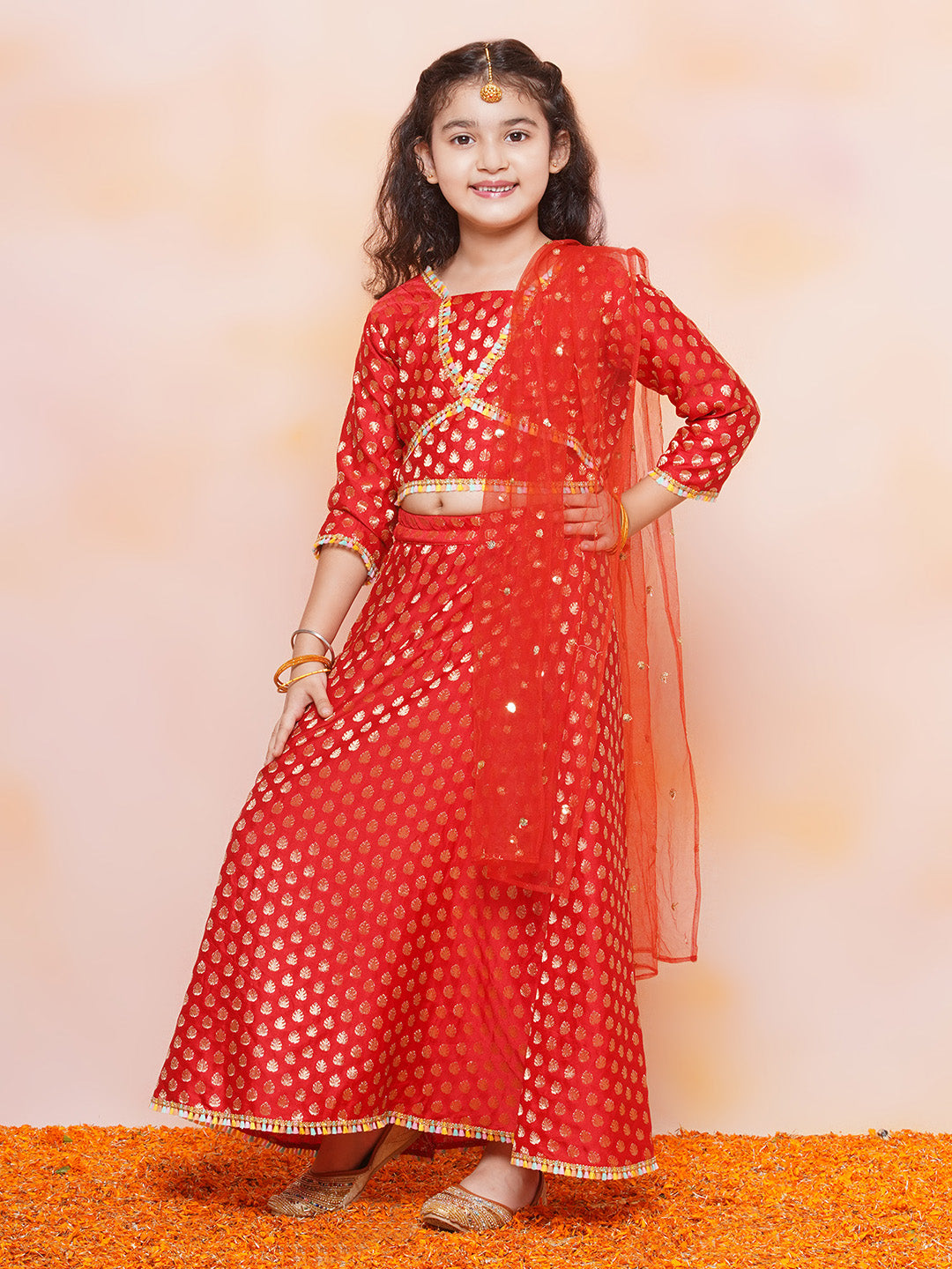 Kids Girls RED Brasso Jacquard/Brocade Lehenga Choli - AJ Dezines