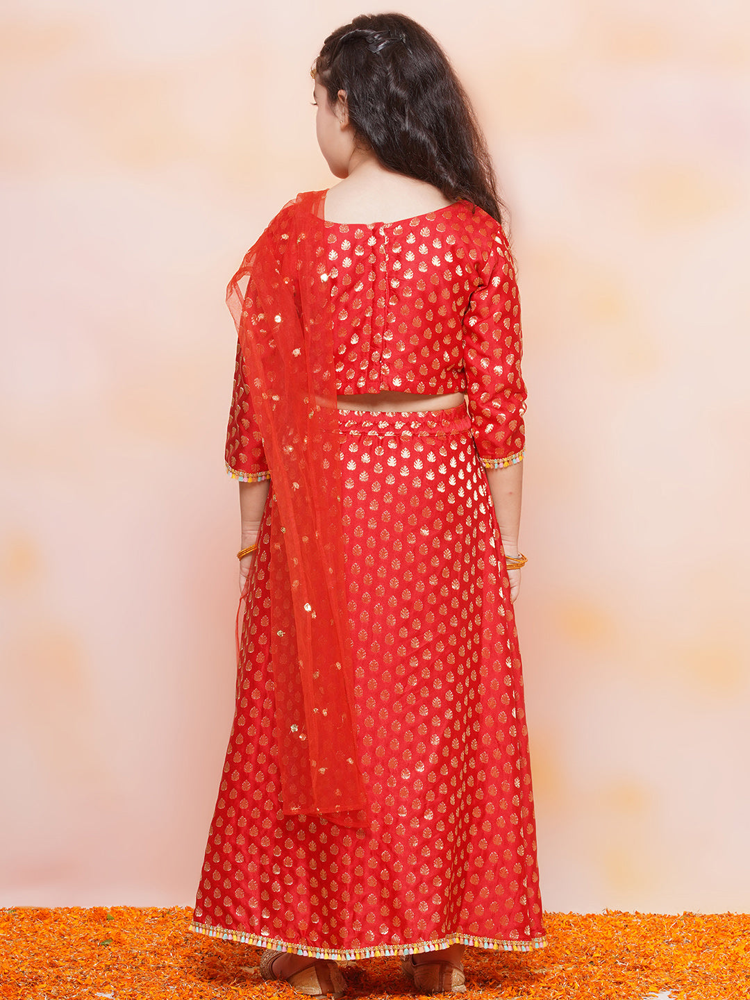 Kids Girls RED Brasso Jacquard/Brocade Lehenga Choli - AJ Dezines