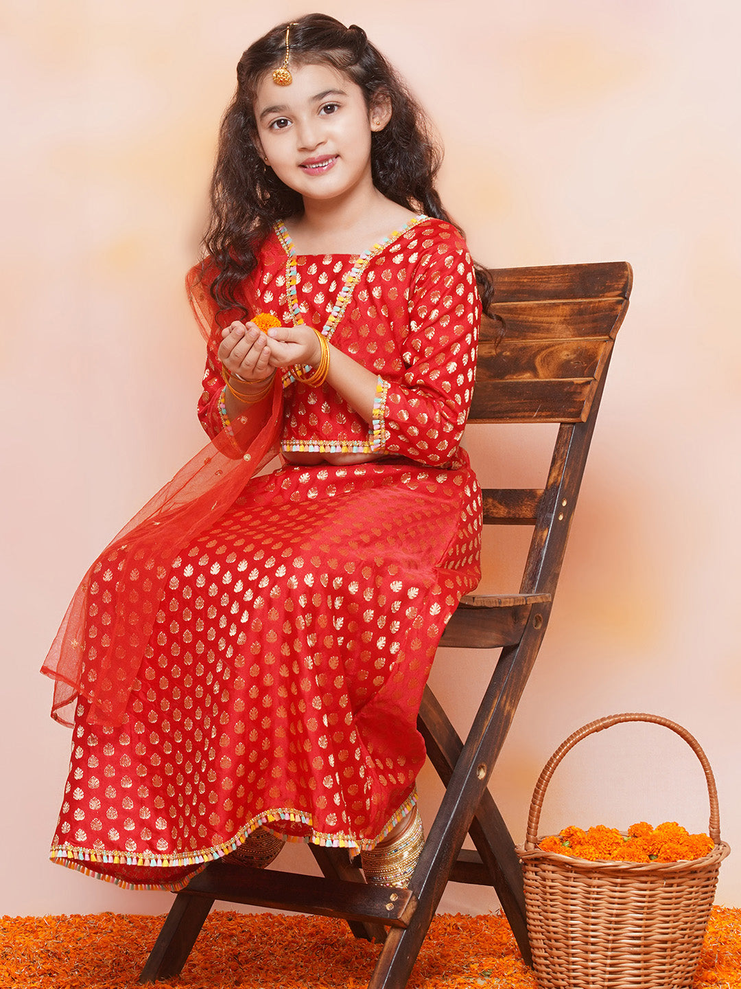Kids Girls RED Brasso Jacquard/Brocade Lehenga Choli - AJ Dezines