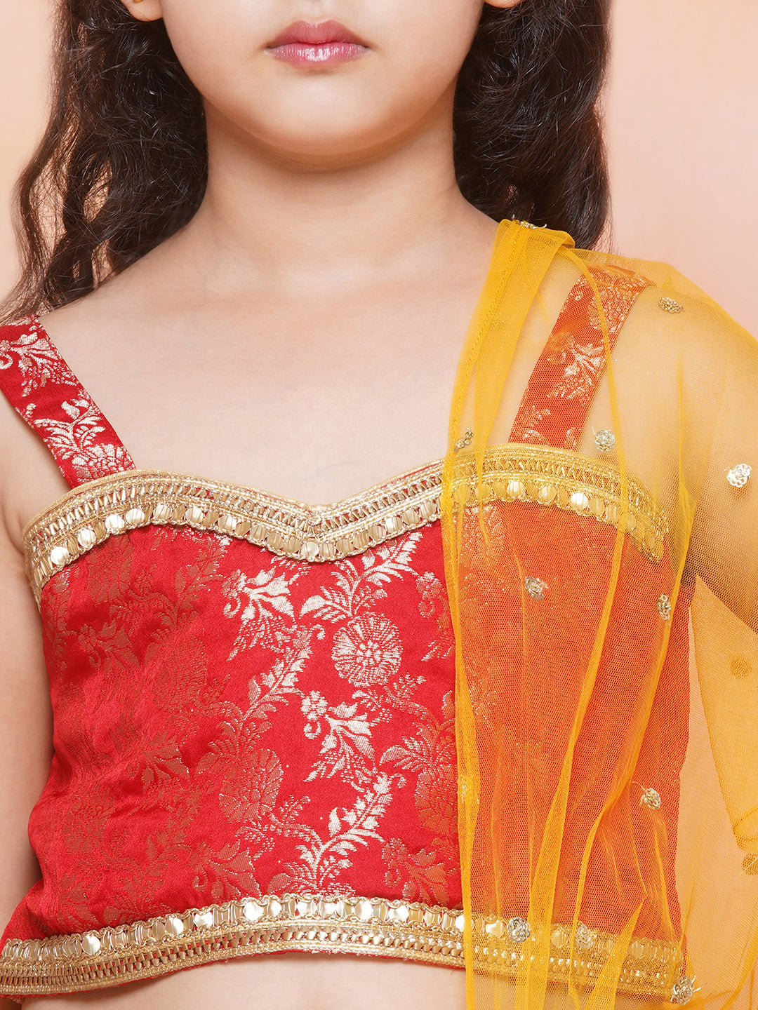 Girls Yellow Brasso Jacquard Brocade Lehenga Choli for Festivals & Functions - AJ Dezines
