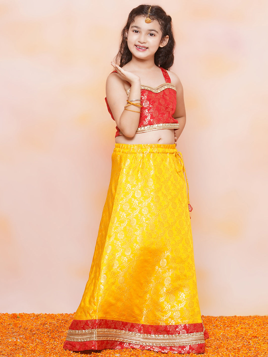 Girls Yellow Brasso Jacquard Brocade Lehenga Choli for Festivals & Functions - AJ Dezines