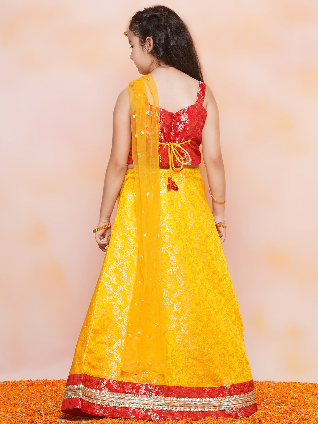 Girls Yellow Brasso Jacquard Brocade Lehenga Choli for Festivals & Functions - AJ Dezines