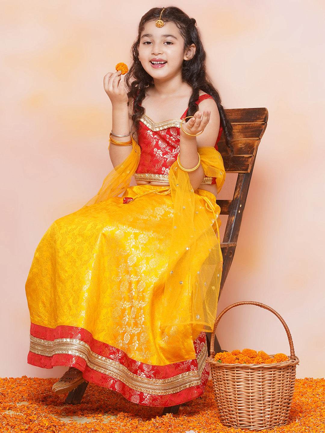 Girls Yellow Brasso Jacquard Brocade Lehenga Choli for Festivals & Functions - AJ Dezines