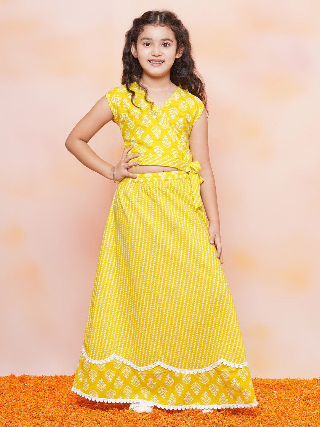 Girls Yellow Floral Print Cotton Lehenga Choli for Festivals & Functions - AJ Dezines