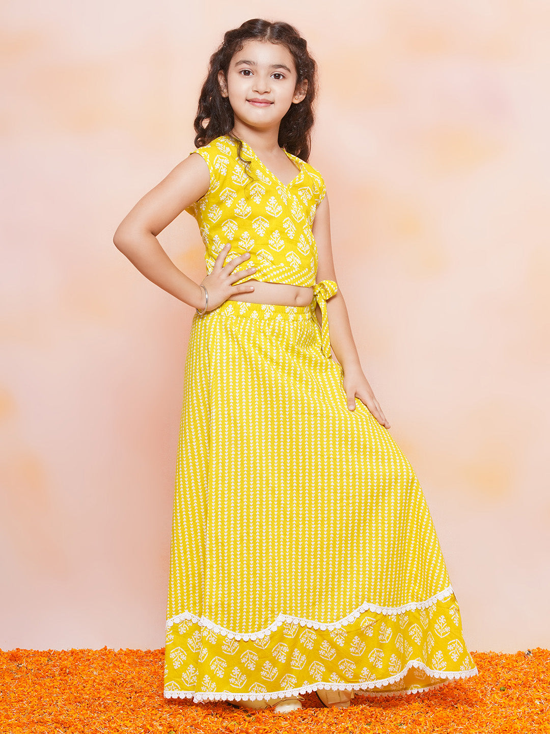 Girls Yellow Floral Print Cotton Lehenga Choli for Festivals & Functions - AJ Dezines