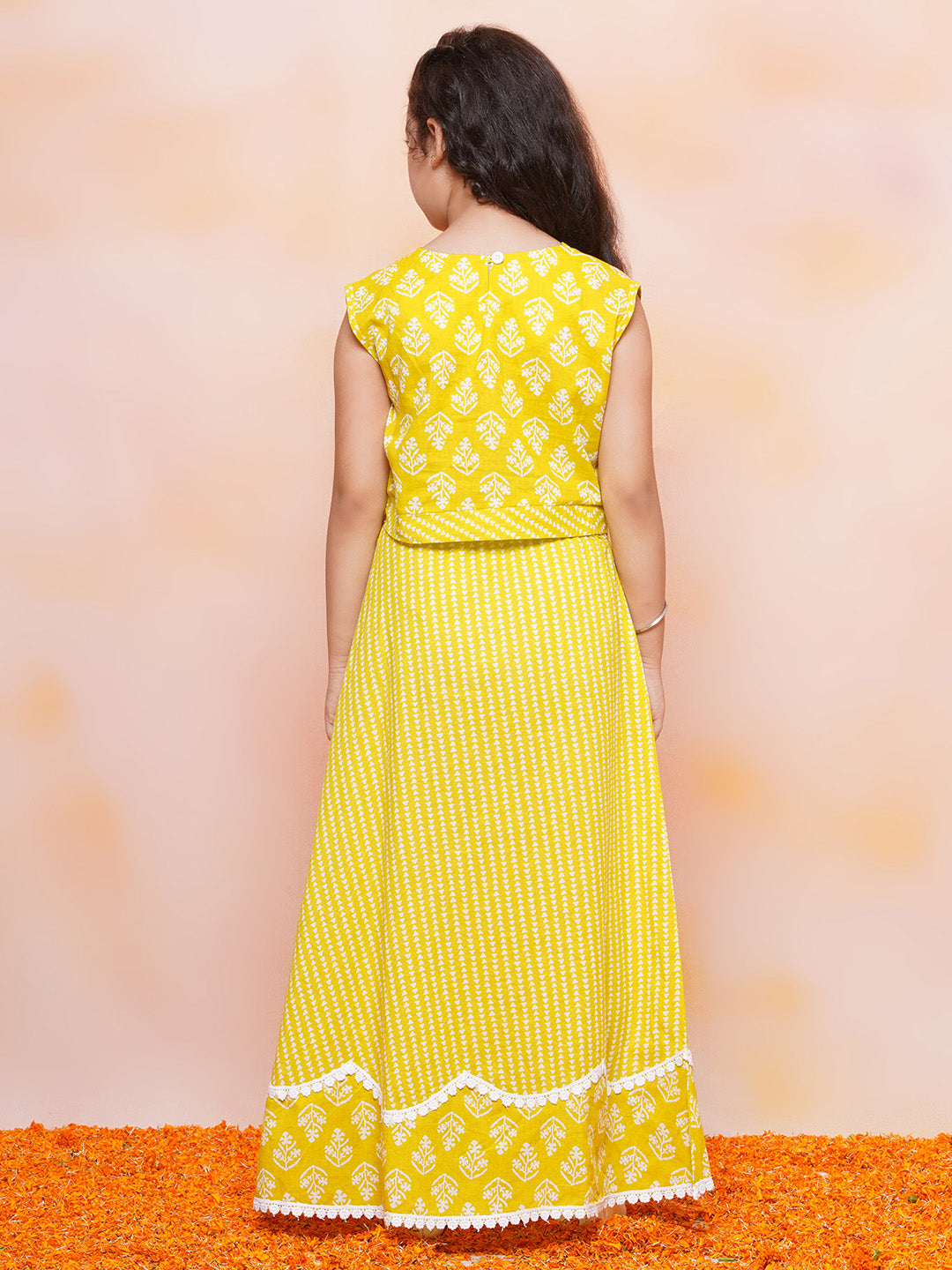 Girls Yellow Floral Print Cotton Lehenga Choli for Festivals & Functions - AJ Dezines