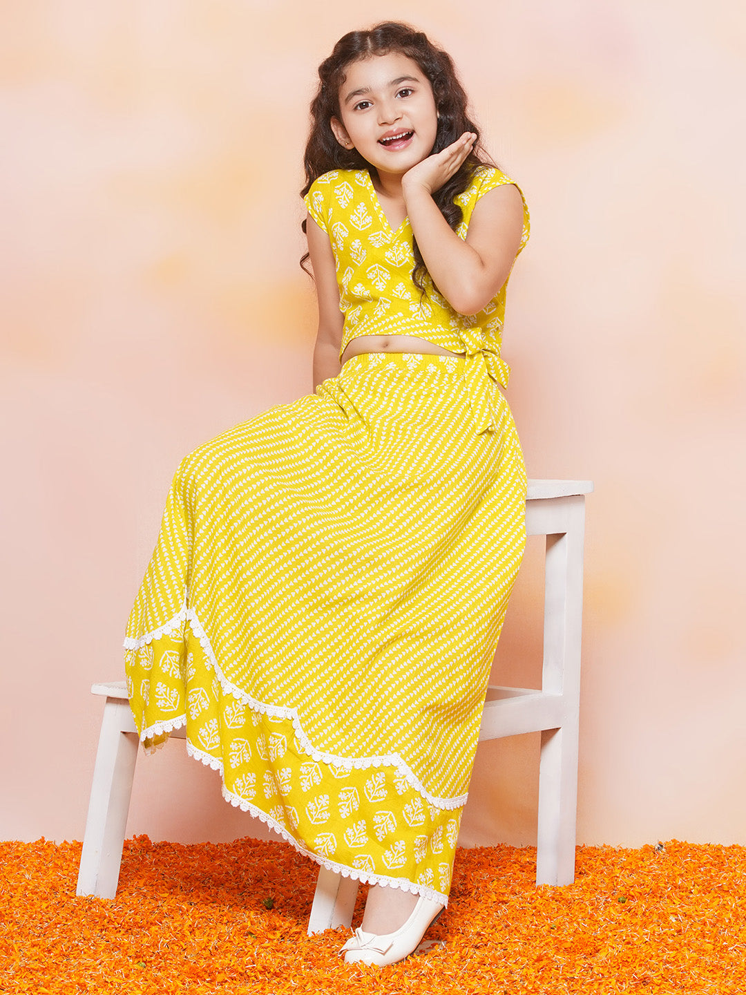Girls Yellow Floral Print Cotton Lehenga Choli for Festivals & Functions - AJ Dezines
